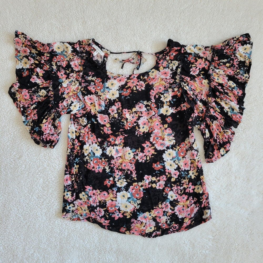 Maurices Womens Shirt Floral Crinkle Gauze Ruffle Flutter Sleeve Boho Medium